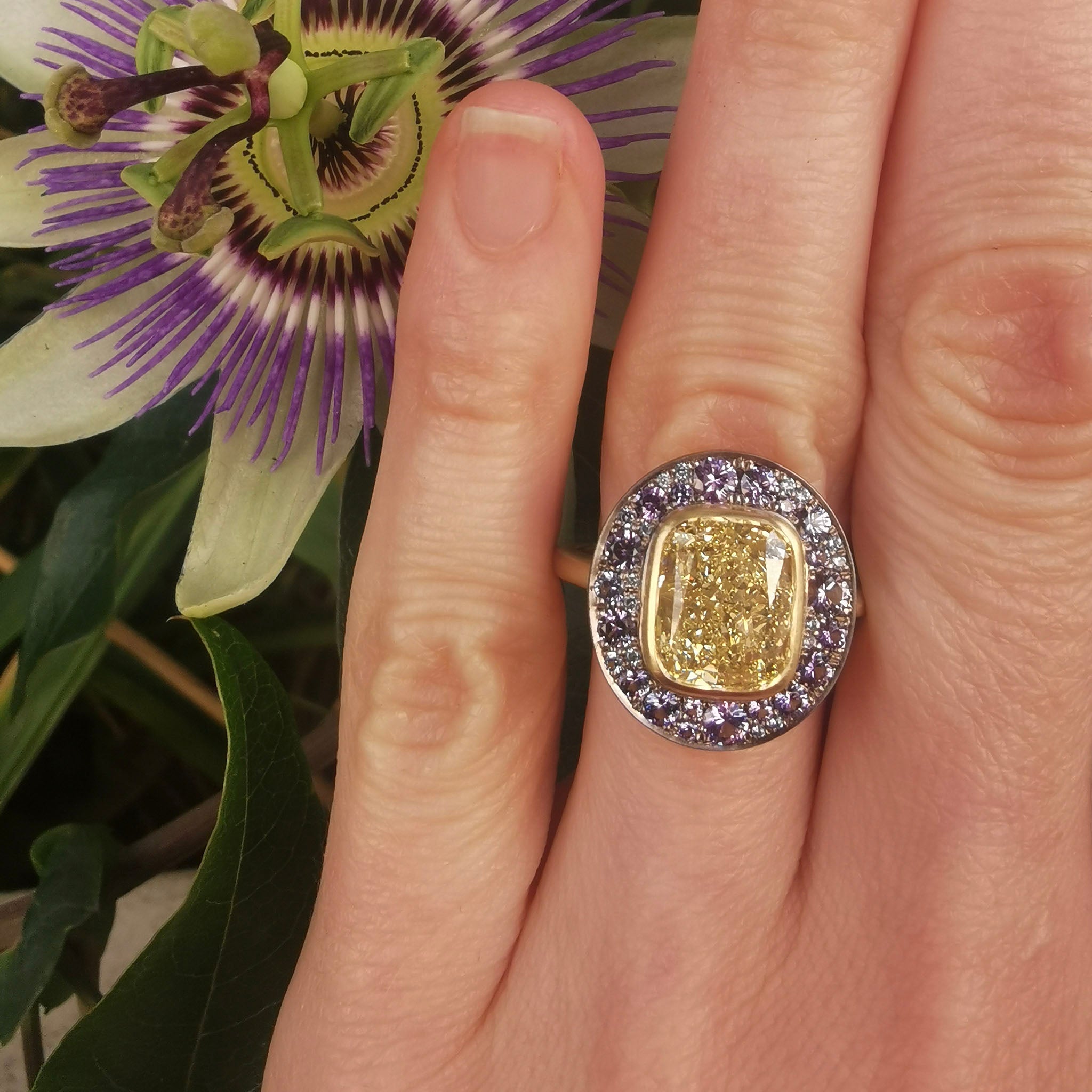Yellow Diamond and Lilac Sapphire Engagement Ring