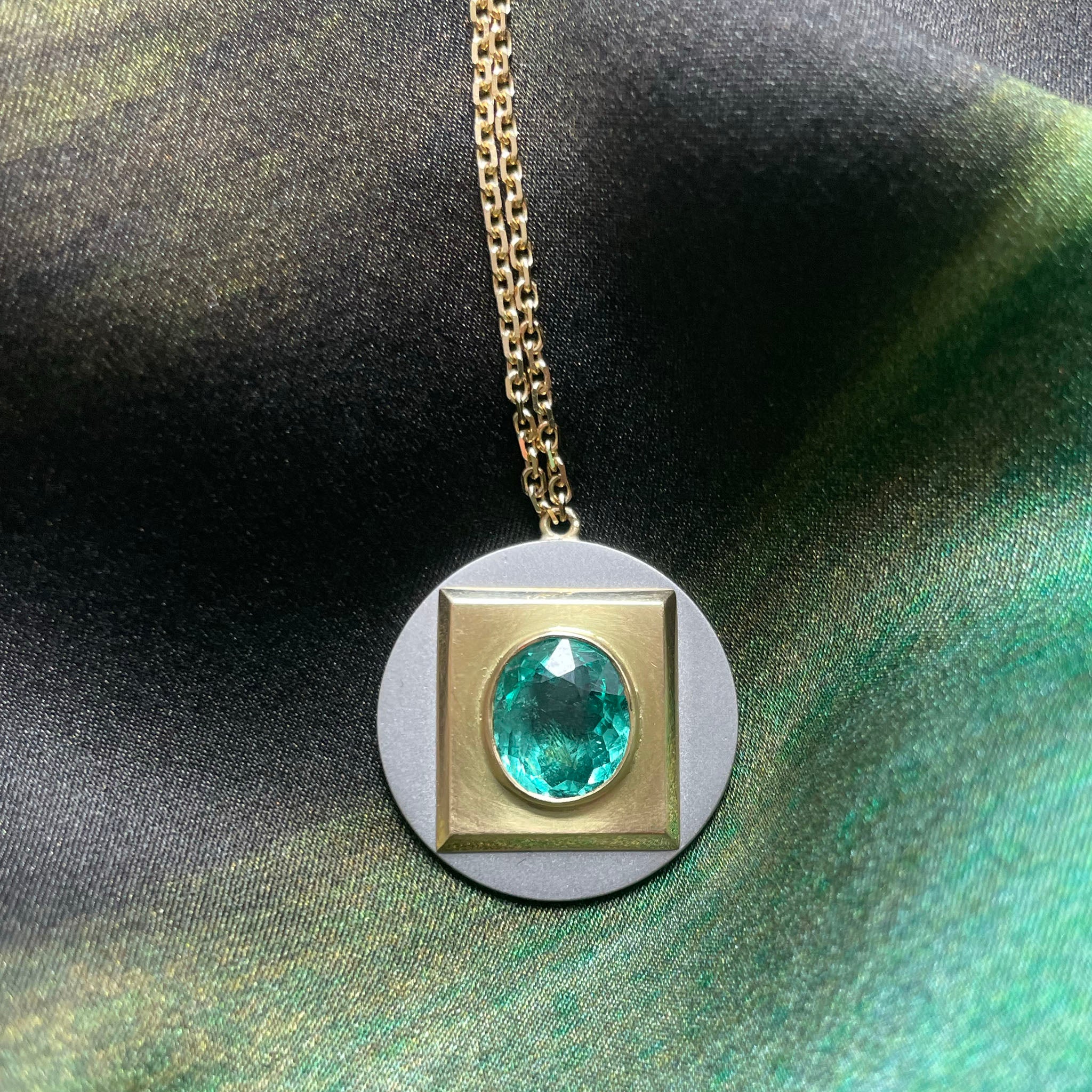 Squared Circle Emerald Platinum and Gold Pendant