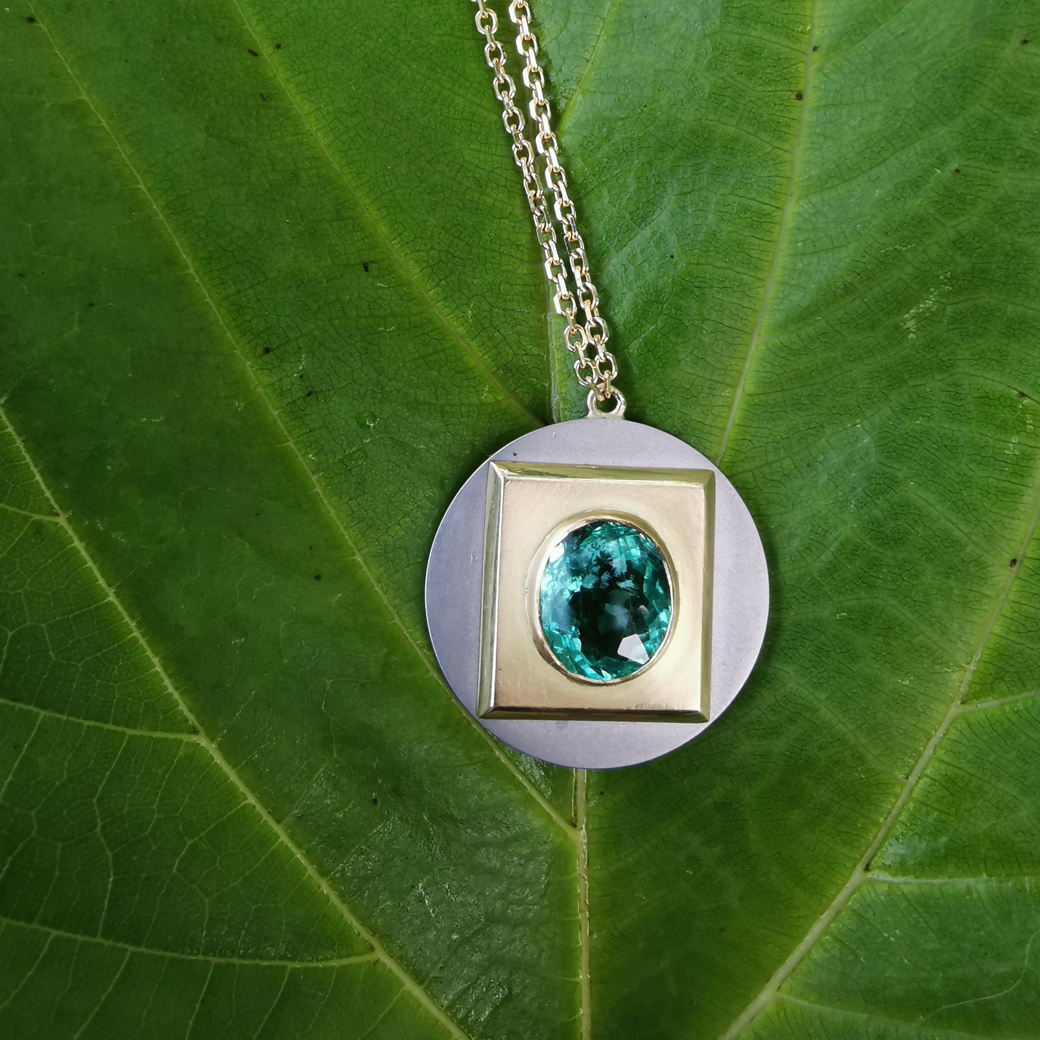 Squared Circle Emerald Platinum and Gold Pendant