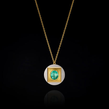 Squared Circle Emerald Platinum and Gold Pendant